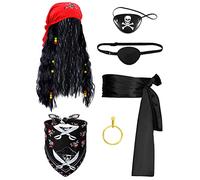 6 Pcs Pirate Costume Accessory Set for Men Dreadlocks Hair Braids Pirate Hat Skull Bandana Eye Patch Earring Satin Sash