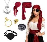 6 Pcs Pirate Costumes Accessories Set, Pirate Bandana, Belt, Earrings, Necklace, Eye Patch, and Ring, Costume Men and Women, Captain Jack Sparrow Costume Adult, Halloween Party