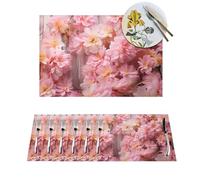 6 PCS Placemats Set Pink Floral Wood Woven Placemats for Dining Table Heat Resistant Place Mats Non-Slip Washable PVC Table Mats for Home Kitchen Weddings Holiday Party Decor