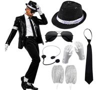 6 Pcs Pop Star Costume 80s Dancer Rocker Star Fancy Dress Accessories | Cosplay Jazz Sequin Hat Glove Sock Tie Sunglasses Head Microphone King of Pop Adults Halloween Carnival 80s Party