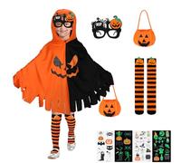6 PCS Pumpkin Costume Kids, Pumpkin Outfit with Poncho Glow in The Dark Tattoos Novelty Glasses Cangy Bag Striped Stockings, Halloween Costumes Kids for Trick or Treat Carnival Halloween Party Cosplay