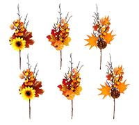 6 Pcs Pumpkin Fall Stems for Vases, Artificial Maple Leaves Branches, Artificial Berry Picks, Maple Leaves Branches Decorations for Thanksgiving Halloween Christmas Fall Decor DIY Floral Arrangements
