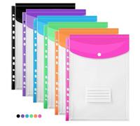 6 Pcs Punched Pockets A4 Plastic Wallets File Folders Clear Assorted Coloured Envelope with Label Pocket Snap Button for School Home Office (Frontal Opening)