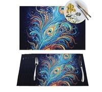 6 PCS PVC Placemats Set Peacock Feather Art Place Mats for Dining Table Heat Resistant Place Mat Non-Slip Vinyl Woven Table Mats for Kitchen TableProtection Cloth Placemat 18" X 12"