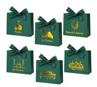 6 PCS Ramadan Treat Boxes,Green Eid Mubarak Gift Boxes Mosque Star Moon Camel Small Candy Box with Bow Ribbons Party Favor Bag for Muslim Holiday Islam Eid Iftar Packages Supplies