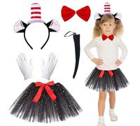 6 Pcs Red and White Cat Costume Accessories Set Includes Cat Ear Headband, Bow Tie, Tail, Tutu Skirt, White Gloves, Cute Cat Outfit for Girls Dress up Day, World Book Day, Halloween