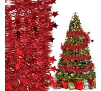 6 Pcs Red Christmas Tinsel - Silver Pentagram Shape Strands for Tree Decorations