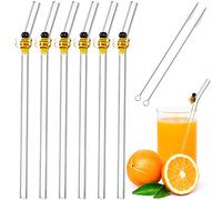 6 Pcs Reusable Glass Straws, Cute Bee on Clear Straws with Design 7.9 In x 8 Mm Colorful Shatter Resistant Bent Drinking Straws for Beverages, Shakes, Juices Suitable for Smoothies, Cocktails