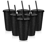 6 Pcs Reusable Tumbler with Lids and Straws Plastic Iced Coffee Tumbler Glitter Travel Mug Cup for Smoothie Juices Birthday Party Cold Drink Coffee Cup Bulk for Adult Kid Women(16 oz,Black)
