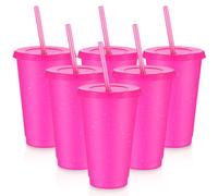 6 Pcs Reusable Tumbler with Lids and Straws Plastic Iced Coffee Tumbler Glitter Travel Mug Cup for Smoothie Juices Birthday Party Cold Drink Coffee Cup Bulk for Adult Kid Women(16 oz,Rose Red)
