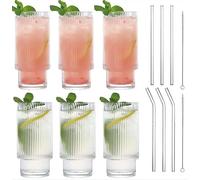 6 Pcs Ribbed Glass Tumblers Set with Straws - 310ml Drinking Glasses Tea Juice Cup for Cocktails, Iced Coffee, Hot and Cold Drinks & Whiskey - Dishwasher Safe, Lead-Free