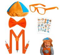 6 Pcs Roleplay Costume Set for Kids, Orange Blue Bli-ppi Dress Up Accessories, Pretend Featuring Tools with Beret Hat Glasses Bow Tie Suspenders Tattoo Sticker for Halloween World Book Day Carnival