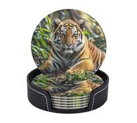 6 Pcs Round Leather Coasters for Drinks Absorbent Non-Slip Drink Coasters with Holder Big Tiger Coasters Waterproof Heat Resistant Cup Mats for Home Kitchen Bar Office Decor