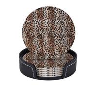 6 Pcs Round Leather Coasters for Drinks Absorbent Non-Slip Drink Coasters with Holder leopard print Coasters Waterproof Heat Resistant Cup Mats for Home Kitchen Bar Office Decor