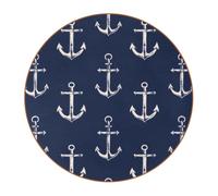 6 Pcs Round Microfiber Leather Coasters, Restaurant Decor Coaster Set, Navy Blue Anchor Print Coffee Table Mats for Most Cups