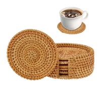 6 PCS Round Rattan Coasters, Round Cup Placemats with Storage Base, Heat Resistant Round Straw Trivet Exquisite Wicker Coasters Set, Handmade Woven Coasters for Teacups(8cm)