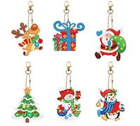 6 Pcs Santa Snowman Diamond Art Key Chains Christmas Tree Hanging Ornaments DIY Kits 5D Mini Diamond Art Painting Christmas Keychains Tags Double Sided Gem by Number Crafts Key Rings for Girls Boys