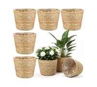 6 Pcs Seagrass Plant Basket with Plastic Liners Woven Stylish Planter Baskets Bulk for Flower Pots Cover and Room Decor