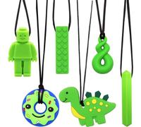 6 PCS Sensory Chew Necklace, Chew Toys Food Grade Silicone for Autistic Children, Teething, Anxiety, Biting Needs, ADHD, Oral Motor Chewy with Adjustable Buckle for Baby Boys Girls (Green)