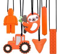 6 PCS Sensory Chew Necklace, Chew Toys Food Grade Silicone for Autistic Children, Teething, Anxiety, Biting Needs, ADHD, Oral Motor Chewy with Adjustable Buckle for Baby Boys Girls (Orange)