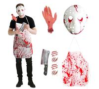 6 PCS Serial Killer Costume, Mens Halloween Horror Costume Set Bloody Killer Scary Mask Bloody Apron Bloody Hand Tattoos Stickers for Women Men Halloween Masquerade Prop