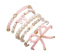6 Pcs Set Beads Bow Charm Bracelet for Women Pink Flower Vintage Imitation Pearl Beaded Bracelets Handmade Stretch Beaded Dainty Romantic Jewelry For Women, adjustable, Stone, no gemstone