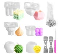 6 Pcs Silicone Candle Molds Set, Geometric Shape Candle Mold Kit with 100 Wicks, Flexible Mold for Easy Release, DIY Candle Soap Crafts