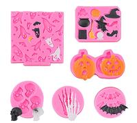 6 Pcs Silicone Fondant Molds - DIY Chocolate Cake Candy Jelly Sweet Moulds - Pumpkin Skeleton Bat Hand Claw Ghost Witch for Baking and Halloween Party Kids Supplies