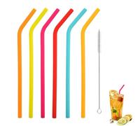 6 Pcs Silicone Straws, Reusable Bendable Drinking Straw Multi Randon Color Straws with 1 Cleaning Brushes Perfect for Hot and Cold Drinks Milk Coffee Coctail (Curved)