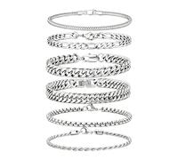 6 Pcs Silver/Gold Bracelets for Men, Cuban Link Chain Stainless Steel Bracelet Stack Metal Figaro Rope Black Bracelet Set Mens Fashion Accessories Jewelry Set for Men Dad Husband Son 7.5/8.3/9 Inches