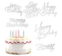 6 Pcs Silver Happy Birthday Cake Topper Acrylic Happy Birthday Side Cake SignBlack Inserts Decoratin Decor CupCake Tools DIY CupCake Sign Toppers Party Supplies