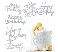 6 Pcs Silver Happy Birthday Cake Topper Side Mirror Acrylic Cake Topper Happy Birthday Cakes Sign Decorations Cakes Inserts Decor Supplies Silver Cupcake Toppers for Birthdays Party Decorations