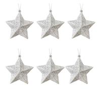 6 PCS Silver Star Baubles Christmas Tree Hanging Ornaments with String, Giltter Baubles for Christmas Tree Decoration, Silver Giltter Star 7cm