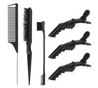 6 PCS Slick Brushes Set, Plastic Bristle Hair Brush & Teasing Comb, Rat Tail Comb Double Sided Edge Brush with 3 PCS Alligator Hair Clips for Smoothing Baby Hair, Slicking, Brushing, Combing, Styling
