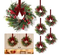 6 PCS Small Christmas Cedar Pine Kitchen Cabinet Wreaths for Front Door | Mini Christmas Eucalyptus Candle Ring with Bow Bell Berry Greenery Hanging Swag for Xmas Winter Home Mantel Porch Table Decor
