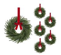 6 Pcs Small Christmas Norfolk Wreaths,9.84inch Christmas Wreaths,Christmas Kitchen Cabinet Mini Wreaths Real Touch with Bow and Ribbon for Xmas Front Door Window Home Table Pillar Decor (B)