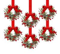 6 Pcs Small Christmas Norfolk Wreaths,9.84inch Christmas Wreaths,Christmas Kitchen Cabinet Mini Wreaths Real Touch with Bow and Ribbon for Xmas Front Door Window Home Table Pillar Decor (C)