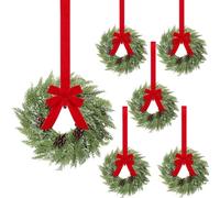 6 Pcs Small Christmas Norfolk Wreaths,9.84inch Christmas Wreaths,Christmas Kitchen Cabinet Mini Wreaths Real Touch with Bow and Ribbon for Xmas Front Door Window Home Table Pillar Decor (D)