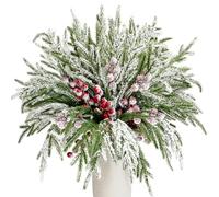 6 Pcs Snowy Christmas Norfolk Pine Branches, 42CM Frosted Artificial Christmas Pine Needles Cedar Norfolk Pine Stems Real Touch Norfolk Stems for Xmas DIY Garland Wreath Home Garden Decor (Berries)