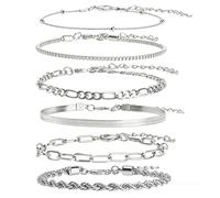 6 Pcs Stackable Bracelet Set, Adjustable Dainty Fashion Layered Cuban Link Chain Herringbone Paperclip Rope Tennis Chain Bracelets for Women Trendy Jewelry Gift for Valentine Christmas Mothers Day
