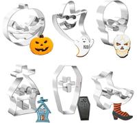 6 Pcs Stainless Steel Cookie Cutter Set, Pumpkin, Skull, Ghost, Hunted House, Boots and Coffin Cookie Cutters for Halloween Party Decorations (Halloween)