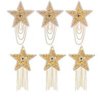 6 Pcs Star Iron on Patches for Clothing,Shiny Gold Rhinestone Tassel Five Pointed Star Pattern with Chains for Hats Jeans Bags DIY Crafts