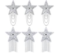 6 Pcs Star Iron on Patches for Clothing,Shiny Silver Rhinestone Tassel Five Pointed Star Pattern with Chains for Hats Jeans Bags DIY Crafts