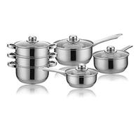 6 Pcs Steamer & Saucepan Cookware Set with Lids & Handles Stainless Steel Sauce Pan Pot Prima Kitchen Home Cook, 3 Tier Steamer, Casserole, Chef Healthy Veg Cooking Housewarming Gifts UK Free P&P
