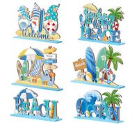 6 Pcs Summer Beach Table Decorations Signs Beach Gnomes Pool Wooden Table Signs Coastal Surfboard Table Centerpiece Beach Is My Happy Place Plaque Sign for Hawaiian Tropical Summer Luau Party Supplies