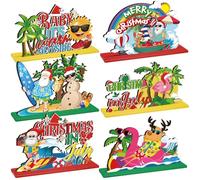 6 Pcs Summer Christmas in July Wooden Table Decoration July Summer Table Centerpiece Sets Decor Christmas Party Supplies Santa Flamingo Palm Tree Beach Party Table Decorations Holiday Xmas Supplies