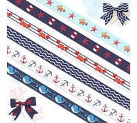 6 PCS Summer Ocean Themed Grosgrain Ribbons 3/8" Sea Animals Decor Ribbons 18 Yards, Sea Wave Starfish Craft Ribbons for Summer Party Favor Decoration Holiday Birthday Gift Packaging DIY Supplies