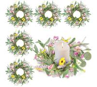 6 Pcs Summer Wreath Artificial Mini Floral Spring Wedding Candle Rings Flower Wreaths Pillar Candle Holder for Wedding Spring Summer Home Door Tabletop Decoration
