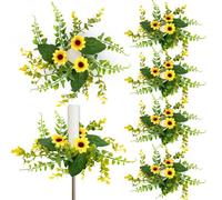 6 Pcs Sunflower Candle Wreath, Yellow Artificial Flower Taper Candle Ring, 2" Summer Table Centerpiece Decoration for Wedding, Rustic, Farmhouse, Party