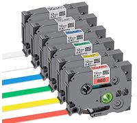 6 Pcs Tape Cassette Labels 12 x 8 m Label Tapes Brother Printers Compatible for Brother P-Touch PT-1000, Black on White/Red/Blue/Yellow/Green/Transparent